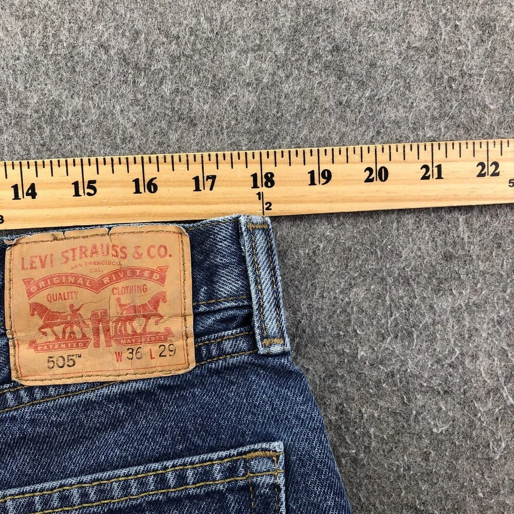 Levis 505 Jeans Mens 36x29 Blue Medium Wash Regular Straight Distressed Denim